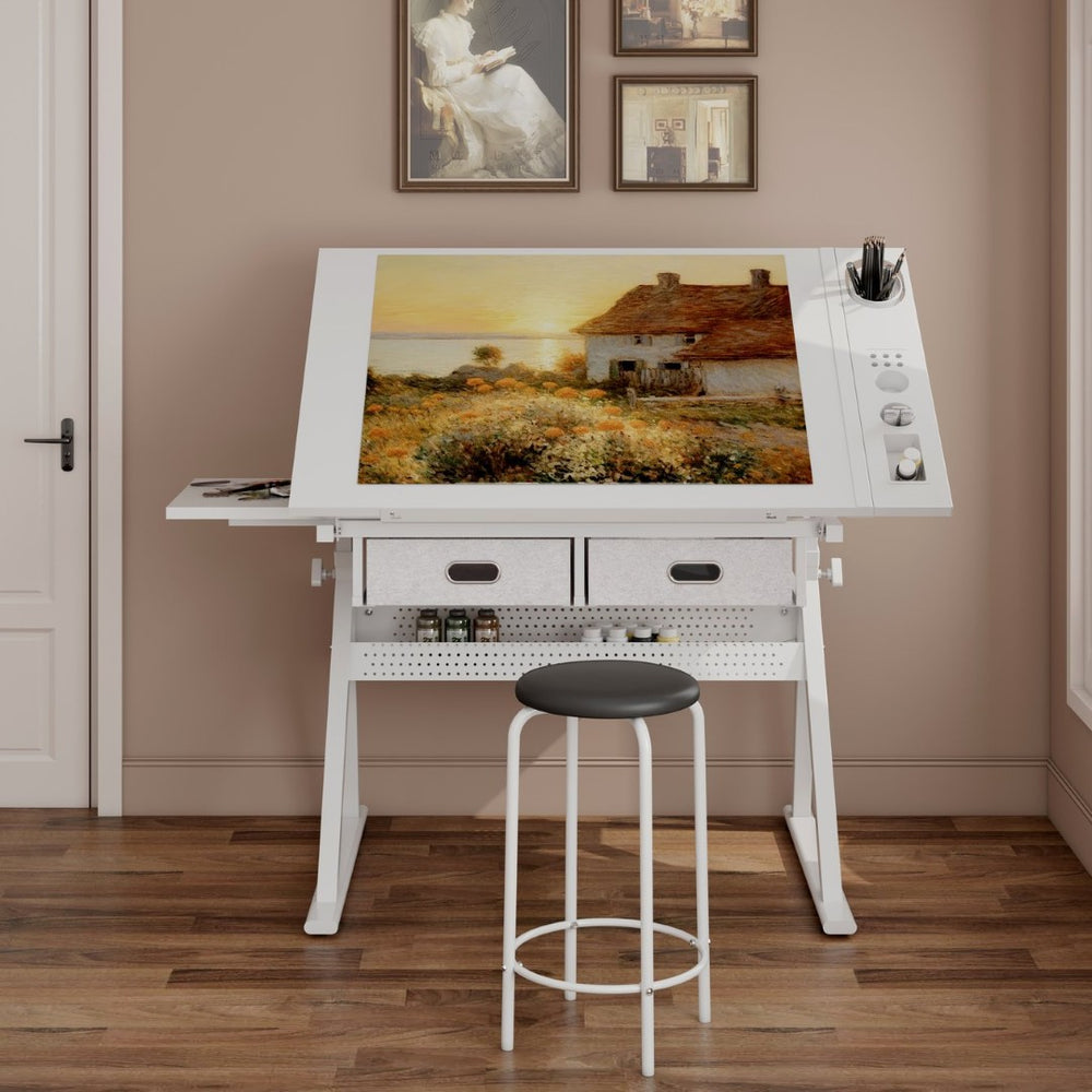 English Elm Adjustable Drafting Desk with Tilting Mdf Top Two Drawers and Stool for Home Studio W347P442069