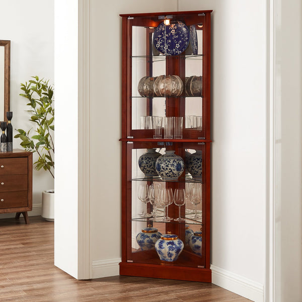 English Elm Corner Curio Display Cabinet with Mirrored Back, Interior Lighting, Adjustable Glass Shelves, Elegant Finish Cherry W1693P171669