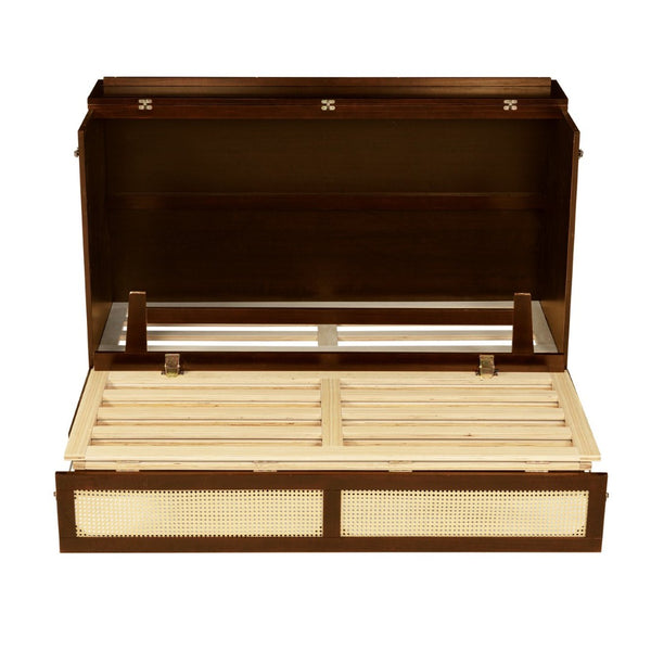 English Elm Queen Size Murphy Bed - Stylish Walnut Pine Cabinet With Rattan Accents & Full-Width Storage Drawer W504S00231-GIGA
