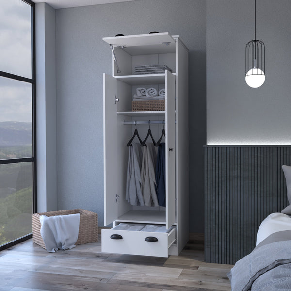 English Elm Linch White Armoire with Hinged Top Drawer, Double-Door Closet, Lower Glide Drawer — Space-Saving elegant storage B128S00123