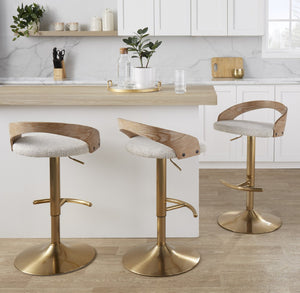 English Elm Adjustable Swivel Barstools Set of 3 Whitewashed Wood Oat Upholstered Gold Base B202S02187