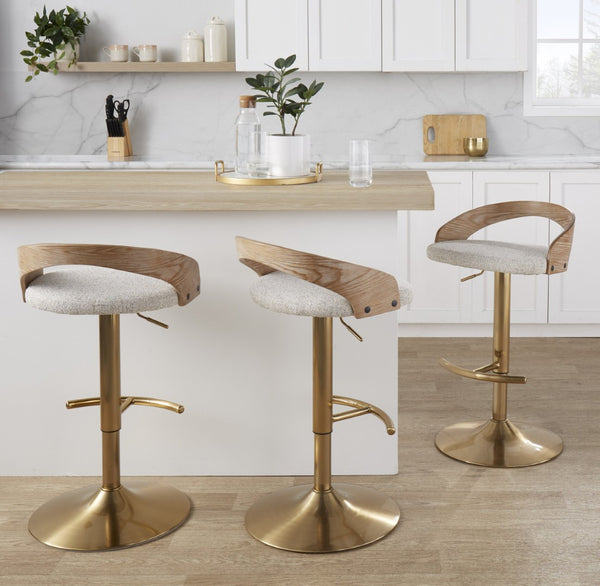 English Elm Adjustable Swivel Barstools Set of 3 Whitewashed Wood Oat Upholstered Gold Base B202S02187
