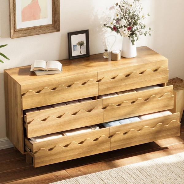 English Elm 60" Wave Front Six Drawer Dresser Sculptural Engineered Wood Media Console for Bedroom Oak N739S0000011N