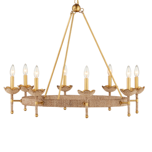 Vichy Chandelier - Handmade Abaca Rope & Wrought Iron Light Fixture with Elegant Gold Finishes