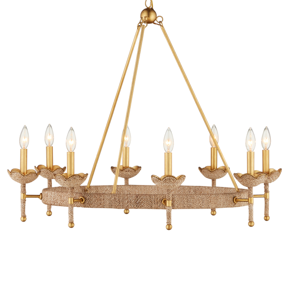 Vichy Chandelier - Handmade Abaca Rope & Wrought Iron Light Fixture with Elegant Gold Finishes