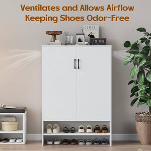 English Elm Shoe Cabinet Farmhouse 7-Tier 28-Pair Storage with Adjustable Shelves, Anti-Tip Rustic Organizer White T3623P408198