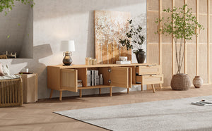 English Elm 70inch Rattan Door Media Console with Pine Legs and Cable Management for Living Room N710P365047P