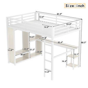English Elm Queen Size Loft Bed Frame With Desk, Wardrobe & Storage Shelves – Stylish Space-Saving Solution! W1580S00179-GIGA