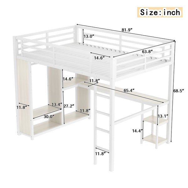 English Elm Queen Size Loft Bed Frame With Desk, Wardrobe & Storage Shelves – Stylish Space-Saving Solution! W1580S00179-GIGA