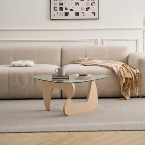 English Elm Glass Top Coffee Table Tempered Surface Oak Wood Base Mid-century Modern Living Room W1718P452022