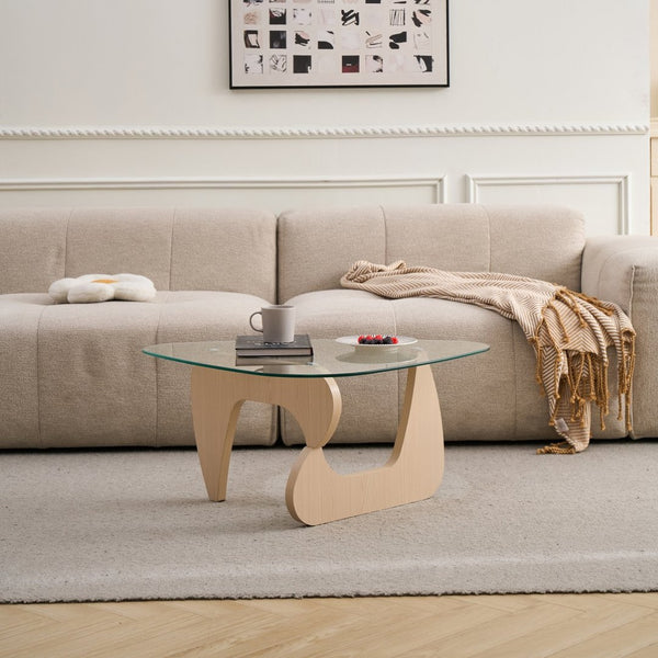 English Elm Glass Top Coffee Table Tempered Surface Oak Wood Base Mid-century Modern Living Room W1718P452022