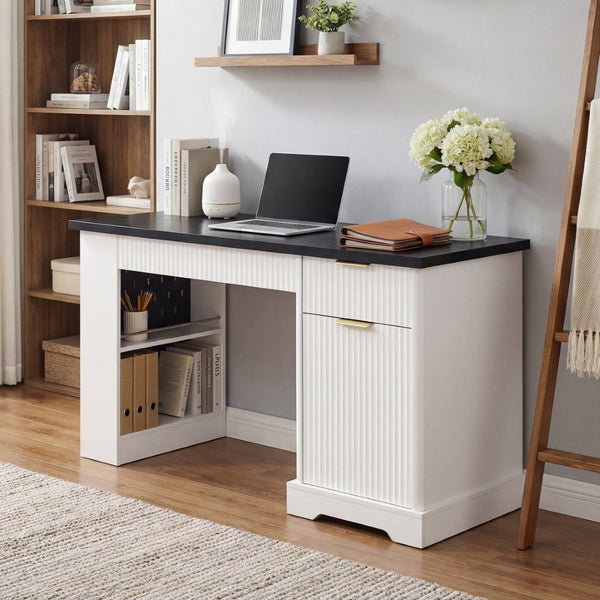 English Elm 55" Fluted White Computer Desk with Power Outlet Pegboard Cabinet and Keyboard Tray W2917P396008