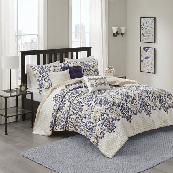 English Elm 6 Piece Madison Park Cali Reversible Quilt Set Navy Tan Paisley Full/Queen with 3 Embroidered Pillows B03597400