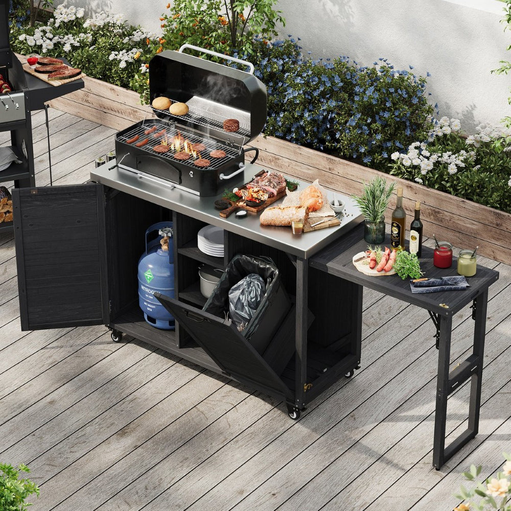 English Elm K&k Outdoor Rolling Kitchen Island Fir Wood Stainless Steel Top with Foldable Prep Station Black N707P370276B