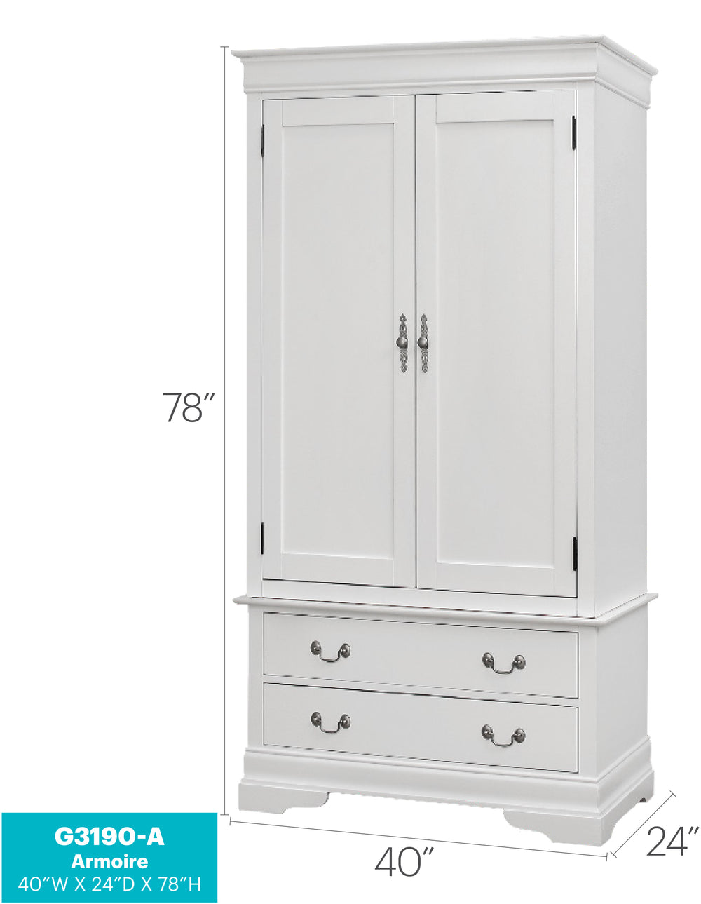 English Elm Louis Louis Phillipe G3190-A Armoire White — Traditional Carved Mouldings, 2 Dovetail Drawers, Tarnish-Resistant Hardware B078S00535