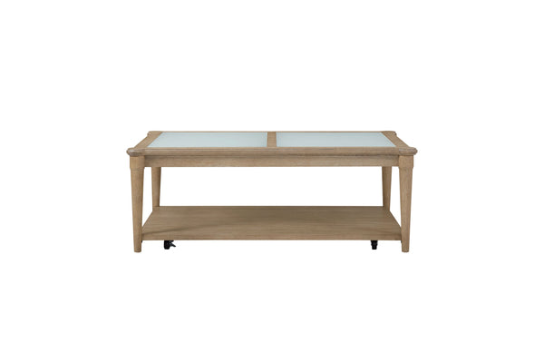 English Elm Frosted Sand Finish Cocktail Table with Casters — Solid Wood & Glass Top, Transitional Casual Design B2699P218292