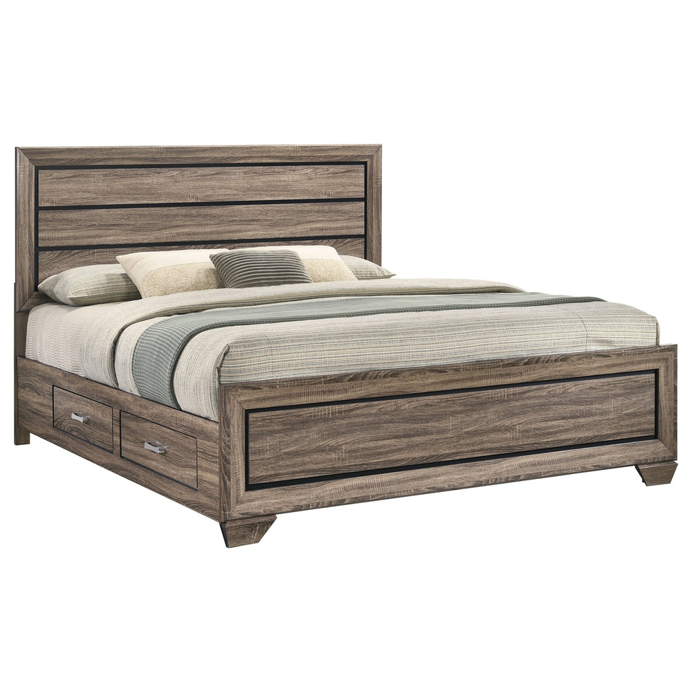 English Elm Oatfield Rustic Washed Taupe Eastern King Storage Bed with Horizontal Panels & 4 Underbed Drawers B062S00949