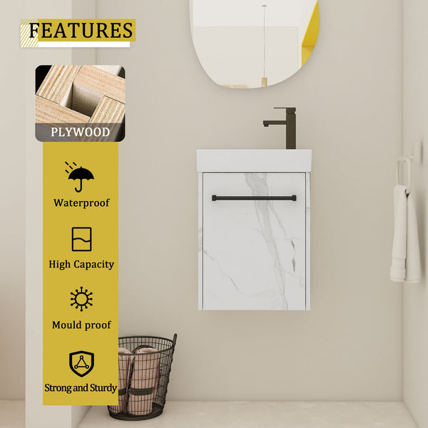 English Elm 16'' Floating Wall-Mounted Bathroom Vanity with Ceramic Basin, Soft-Close Door, Water-Resist Finish White W999P236337