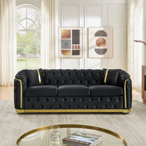 English Elm 84.6 Inch Chesterfield Velvet Tufted Sofa with Gold Steel Trim for Glam Living Rooms Black W1191S00094