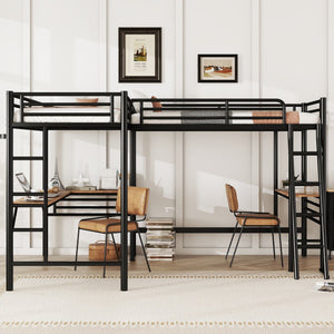 English Elm Twin Metal Loft Bed with Two Built-In Desks, Black — Space-Saving L-Shaped Twin Bunk for Study & Sleep GX001114AAB-1