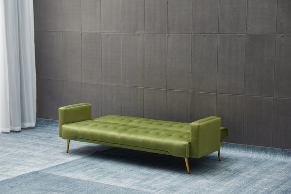 English Elm SOFA Velvet Convertible Sofa Bed with Golden Legs, Solid Wood Frame, Compact Design for Small Spaces Army Green B205P246432