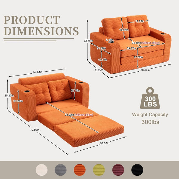 English Elm Convertible Floor Sofa Bed with Memory Foam and Ribbed Corduroy for Small Spaces Orange W395P438028