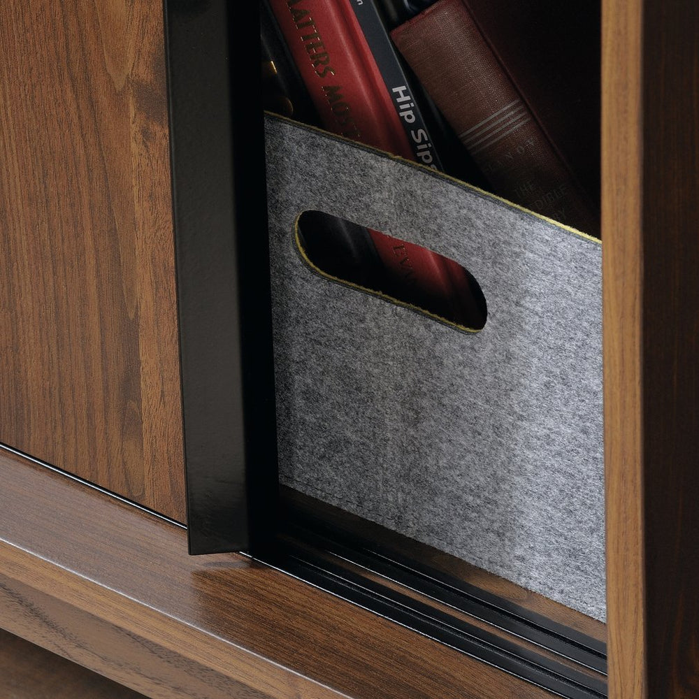 English Elm Wide Bookcase Brown Finish — 72" Engineered Wood Storage with Sliding Doors, 2 Fixed + 1 Adjustable Shelf, Durable Design B356P402663