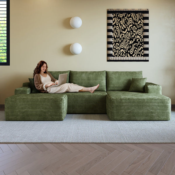 English Elm 107" Cloud Sectional Sofa With Ottoman - Luxurious Modern Comfort, No Assembly, Plush Corduroy Green W2824S00124