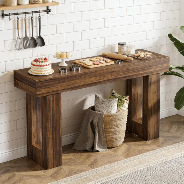 English Elm Practical Geometric Console Table with Matte Black Wood Grain Finish for Entryway or Sofa Rustic Brown T3971P451556
