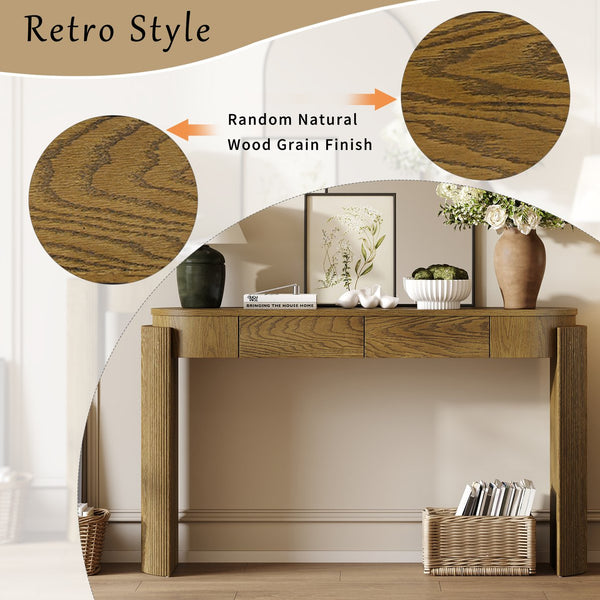 English Elm TREXM Entryway Table with Natural Oak Veneer, Fluted Legs, Oval Top and Two Drawers for Hallway Decor Pine Wood N715P288632D