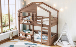 English Elm Full Bunk Bed with Trundle Bookshelf Storage Pine Frame Car Design for Kids W1580S00521