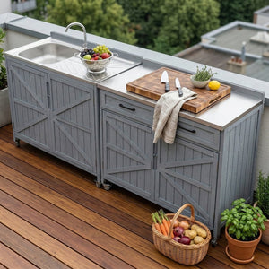 English Elm K&k Outdoor Prep Station Stainless Steel Top Fir Wood Cabinet with Drawer and Wheels Grey+Blue N707P370273G