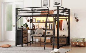 English Elm Queen Size Loft Bed With Desk & Led Lighting - Stylish Metal Bed With Storage & Workstation For Small Spaces W2593S00041-GIGA