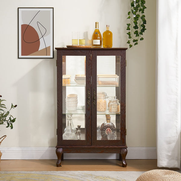 English Elm Cherry Curio Cabinet with Lighted Tempered Glass, Mirrored Back, Adjustable Shelves & Antique Handle W1758P300118