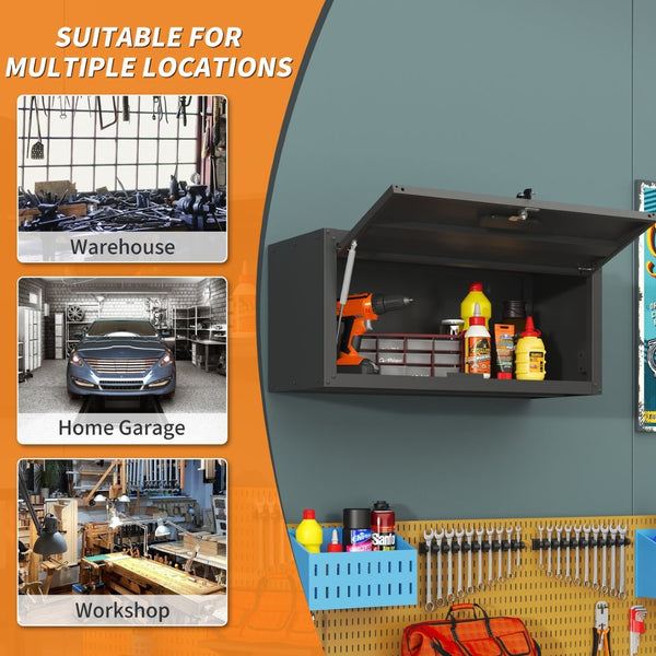 English Elm Heavy Duty Wall Mounted Steel Cabinet Locking Lift Door Garage Workshop Storage Black T2398P236482