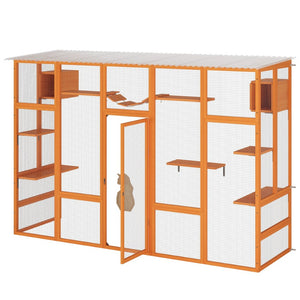 English Elm Wooden Pine Cat Enclosure with Six Platforms Two Condos Bridge and Scratching Post W2181P198547