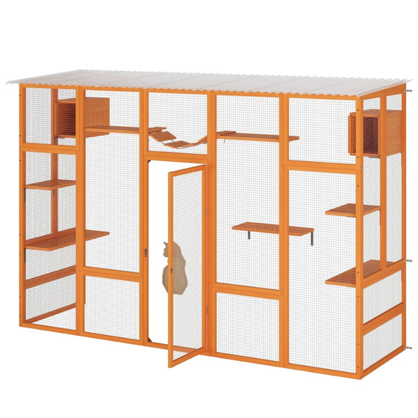 English Elm Wooden Pine Cat Enclosure with Six Platforms Two Condos Bridge and Scratching Post W2181P198547