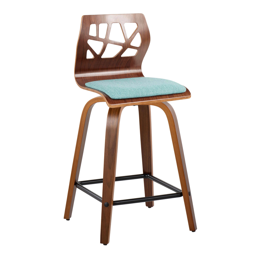 English Elm Folia Mid-Century Counter Stool 24" Set of 2 – Walnut Frame, Teal Upholstery, 360° Swivel & Footrest B202S00060