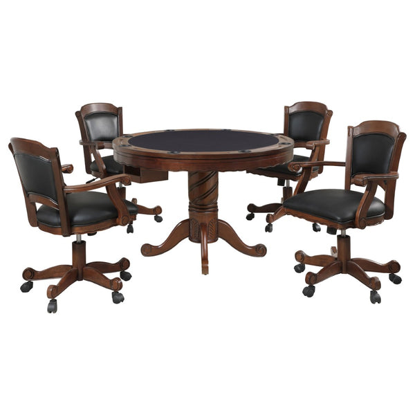 English Elm Chilmark Five Piece Game Set with Carved Pedestal Base and Leatherette Caster Chairs B062S00895