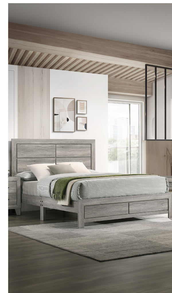 English Elm 1pc King Size Panel Bed with LED Backlit High Headboard and Built-in Shelving for Luxe Storage Gray 81.5 L x 28.35 W x 5.31 H B2741P333943