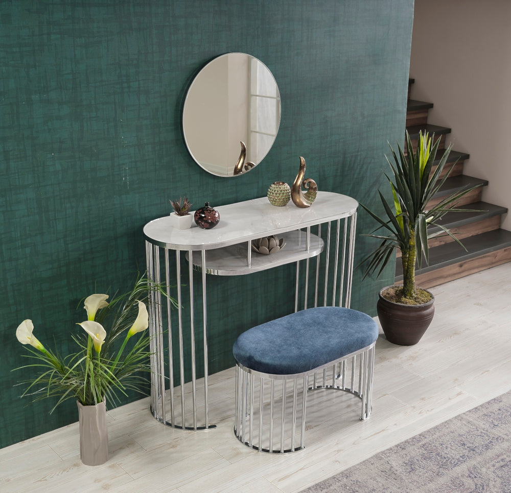 English Elm Garry Oval Fabric Ottoman with Chrome Legs — Plush Upholstery, Compact Modern Seat for Living Spaces Blue B029P333528