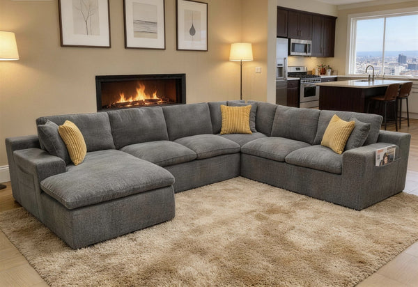 English Elm Coffee-bean Curved Upholstered Sectional with Self-expanding Setup for Large Living Rooms Light Gray B2748S00065