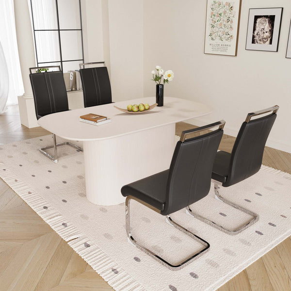 English Elm 63" Medieval Modern Cream Mdf Dining Table With 4 Ergonomic Pu Chairs, Stylish & Easy Assembly Set W2189S00669