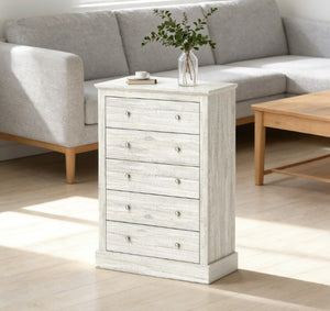 English Elm Wide Five Drawer Farmhouse Chest Distressed Oak Finish Bedroom Entryway Storage T3971P431324
