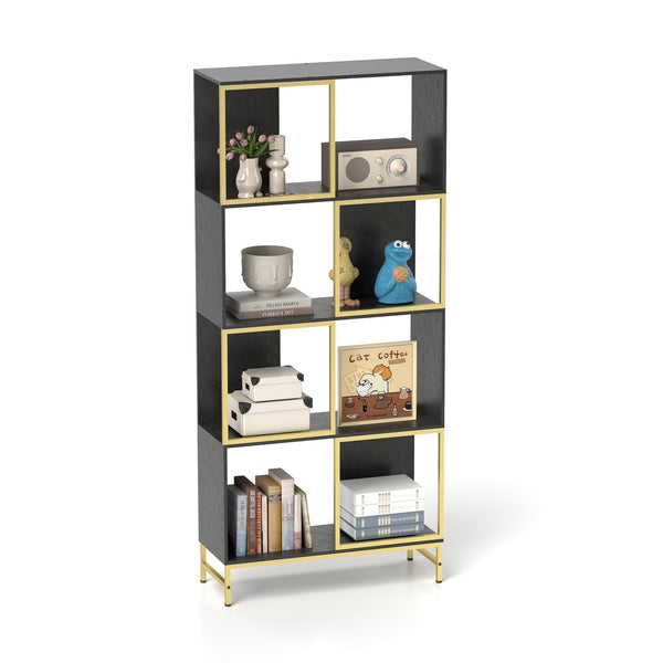 English Elm 4-Tier Industrial Bookcase Black+Gold – Asymmetrical Corner Display Shelf, Rustic Metal & Wood Storage W2167P192775