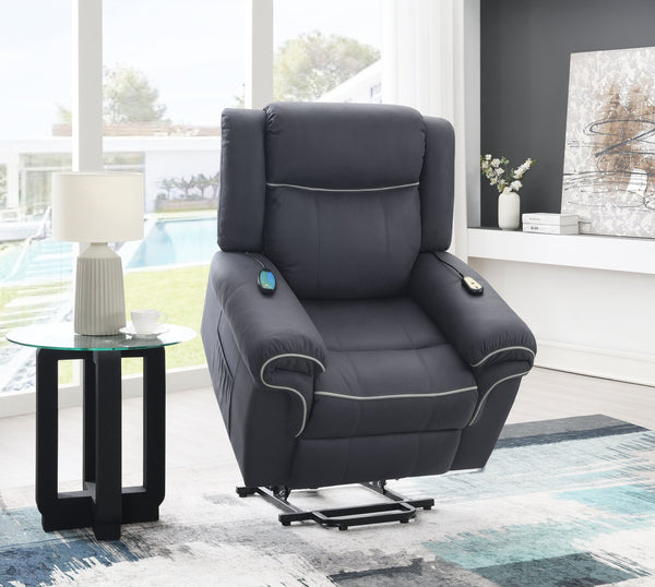 English Elm Domana Dark Blue Polished Microfiber Power Recliner with Lift, Heat & Massage — Luxury Supportive Comfort B2726P242436
