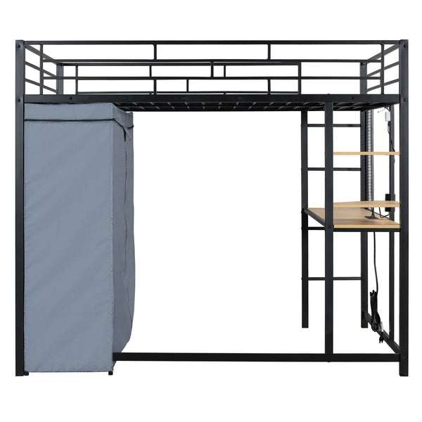 English Elm Full Loft Metal Bed with Built-In Desk, LED Strip, Power Outlet and Fabric Wardrobe for Space-Saving Living Black SF000179AAB