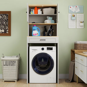 English Elm Over the Washer and Dryer Storage Cabinet Antique White — Space-Saving Laundry Organizer with Adjustable Shelf, Faux Drawer, Sturdy MDF Build (46" x 27" x 7") W1120P327070