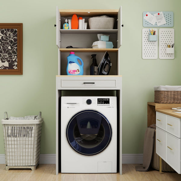 English Elm Over the Washer and Dryer Storage Cabinet Antique White — Space-Saving Laundry Organizer with Adjustable Shelf, Faux Drawer, Sturdy MDF Build (46" x 27" x 7") W1120P327070