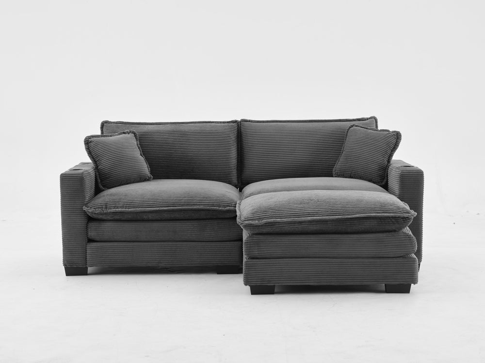 English Elm L Shape Sofa Couch - Modern 2-Seater With Usb, Cup Holder & Footstool In Soft Corduroy Gray Fabric W2100S00138